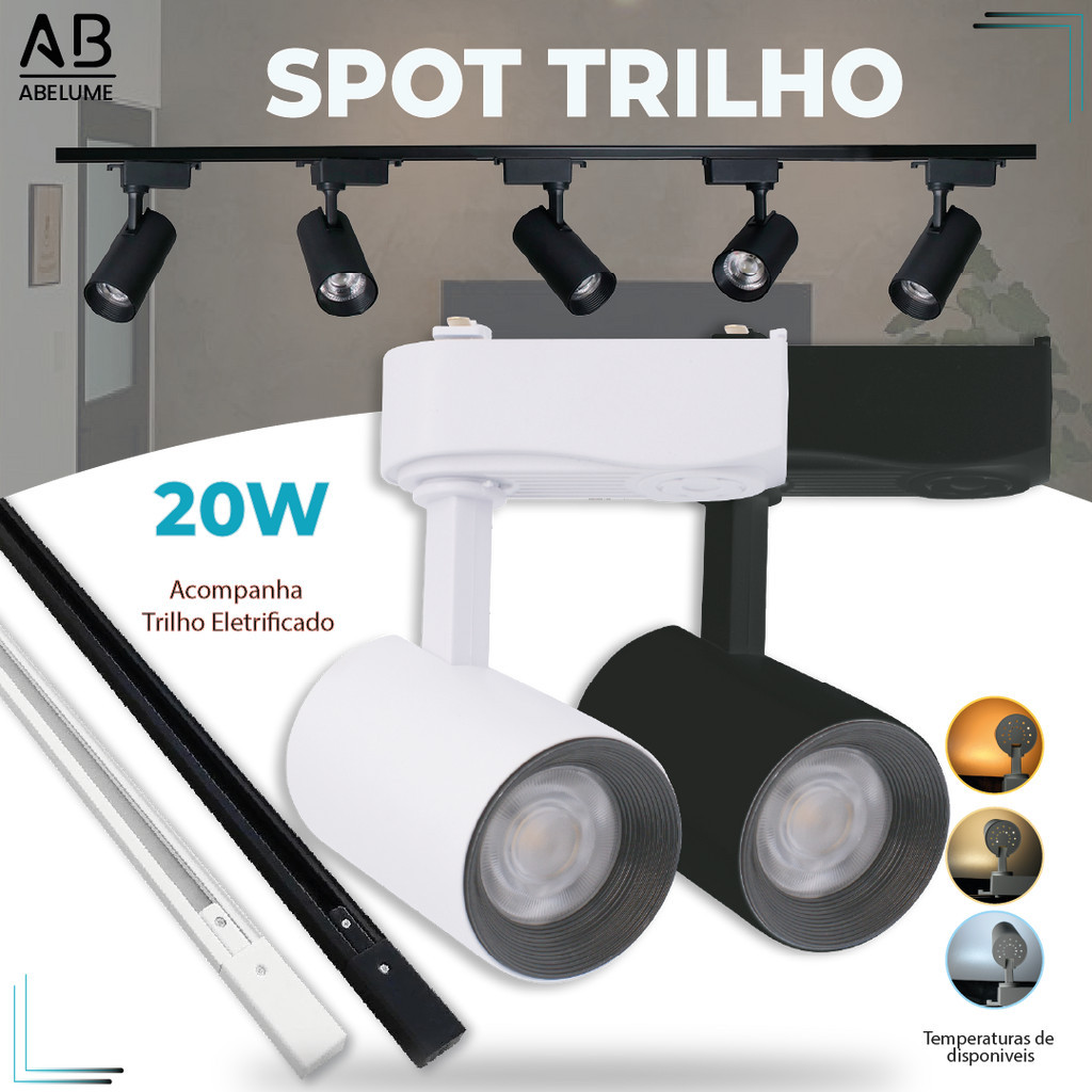 Trilho Spot LED para trilho eletrificado + Trilho Preto e Branco 20W Luz Branca Luz Neutra e Luz Amarela Bivolt - Home & Living