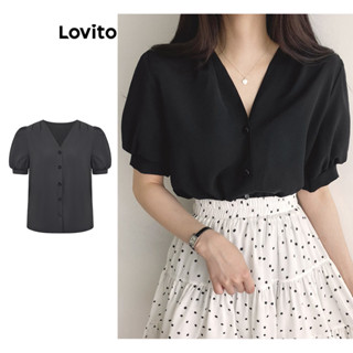 Lovito Casual Blusa Feminina Lisa com Botão L70AD013 (Preto)