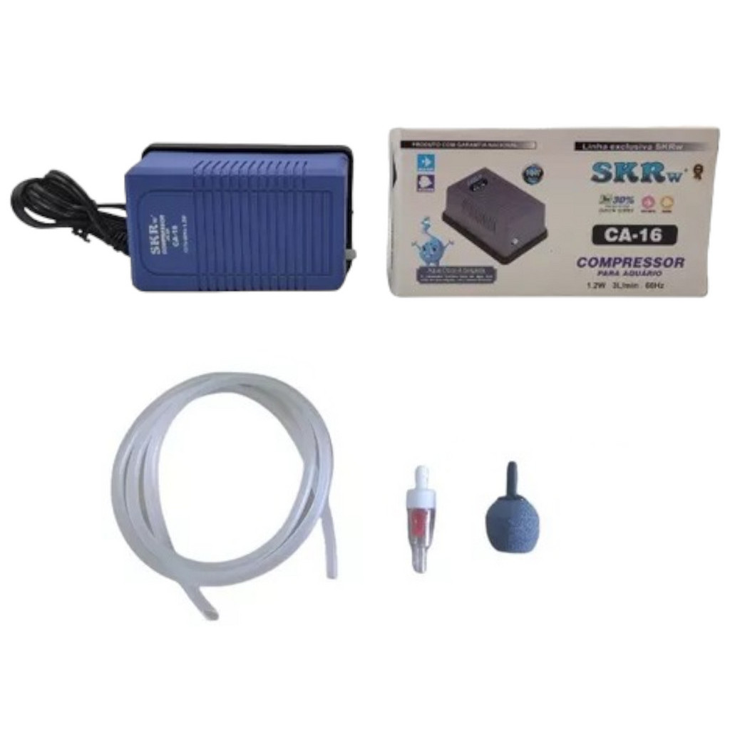 Compressor de ar 1 saída CA-16 Completo Para Aquários Até 60 litros