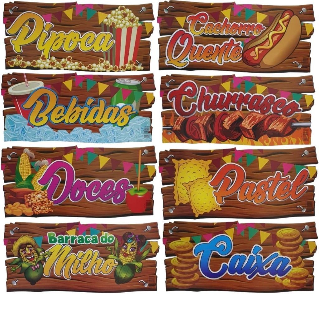 Conjunto de Placas Festa Junina 8 Modelos para Arraial, Caixa, Milho, Pipoca, Cachorro Quente, Bebidas, Doces, Pastel e Churrasco