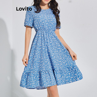Lovito Vestido com Barra Franzida e Babado em Estampa Floral Pequena Boho para Mulheres LBL08108