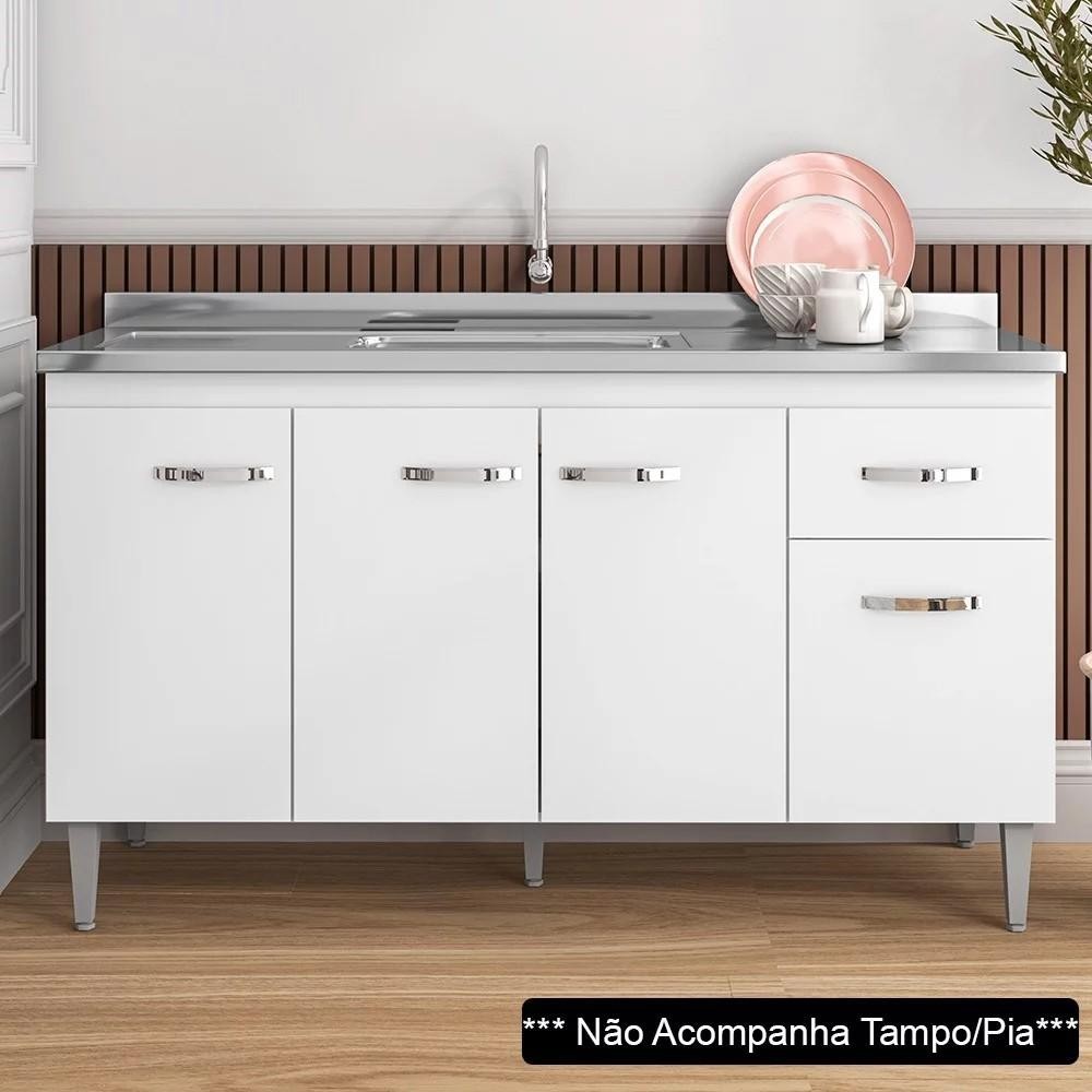 Balcão de Cozinha Para Pia Sem Tampo 150cm 4 Ptas 1 Gav Gabriela Branco/Preto Flex - AJL Móveis em Oferta na Shopee