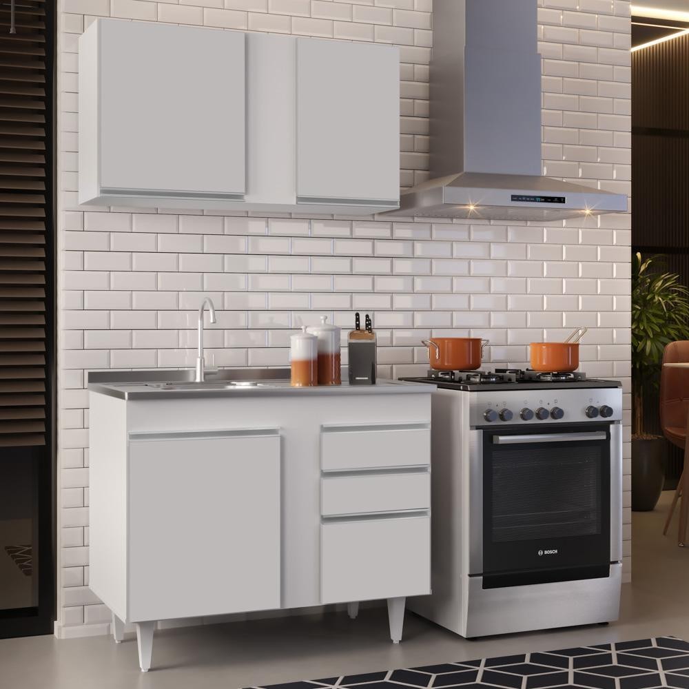 Armário Aéreo Indiana e Balcão Gabinete 100cm com Pia Inox Luziania Branco - Lumil em Oferta na Shopee