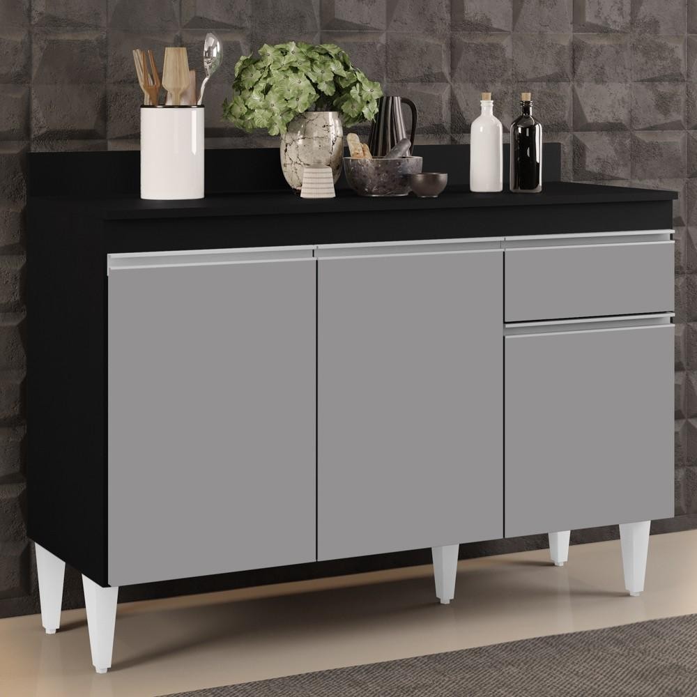 Balcão Gabinete 120cm Com Tampo 3 Portas 1 Gaveta Arizona Preto/Cinza - Lumil Móveis em Oferta na Shopee