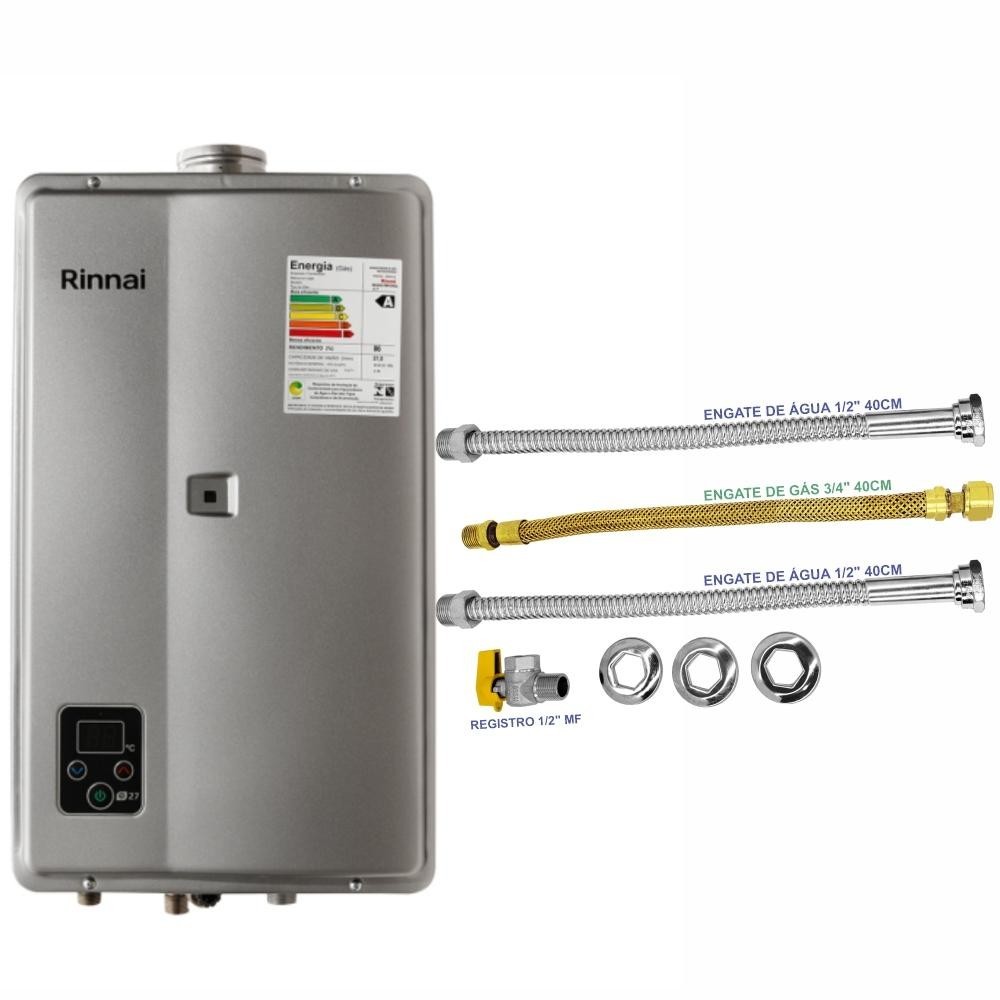 Aquecedor Rinnai 27 Litros E27 FEH GN Prata (Digital) Com Conjunto De Ligação 40cm