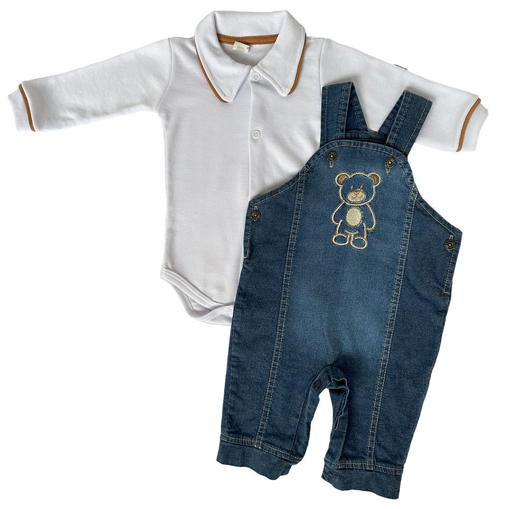 Kit 2 Conjunto Jardineira Jeans Boby Gola Bordado Ursinho