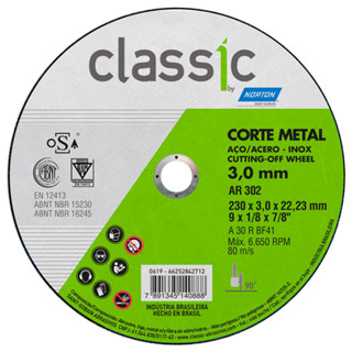 Disco de corte para metal 9"x 1/8"x 7/8" - Classic AR302 - Norton