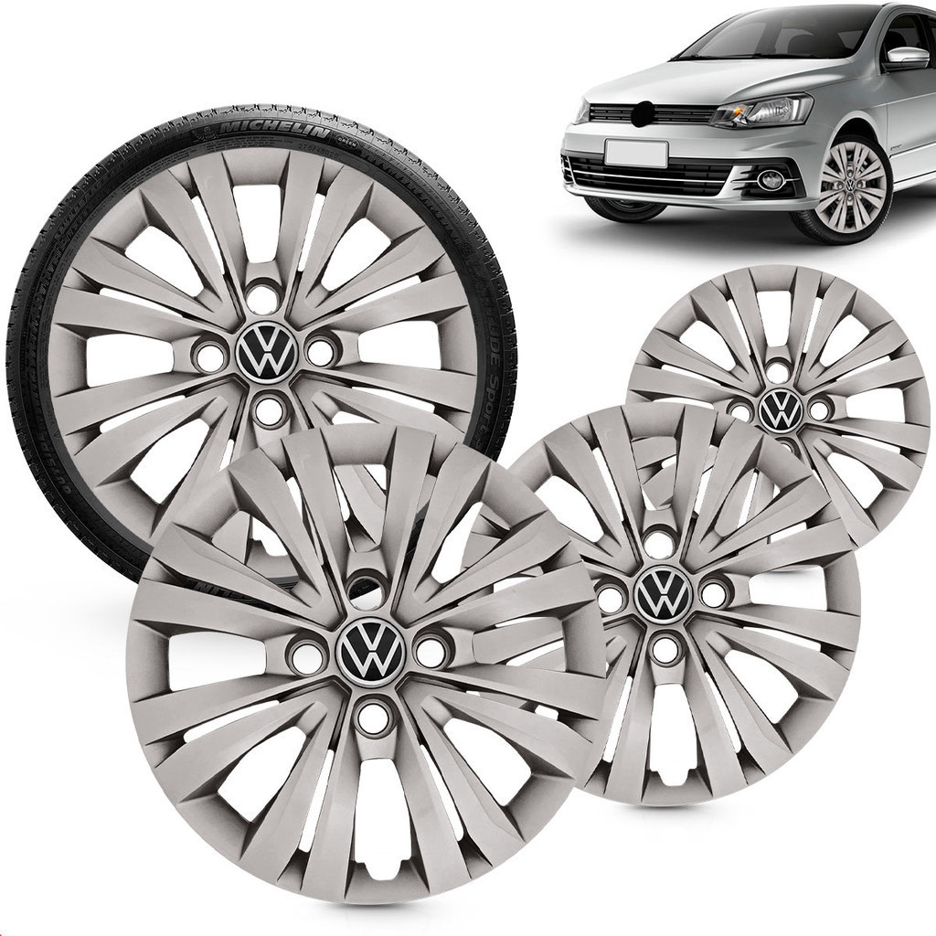 Kit 4 Calotas Gol G7 2017 E 2018 Aro 14 Prata Cubo Alto Grid + Adesivo Resinado 48Mm Vw Preto (4 Pc)