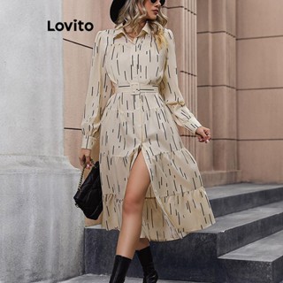 Lovito Vestido feminino casual geométrico com cinto e botão frontal LNL52153