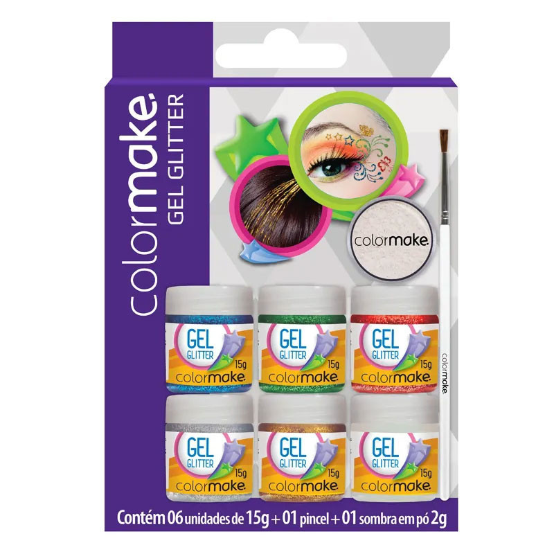 Glitter em gel facial 6 cores 1 pincel e sombra em pó 2002 Colormake - Beauty