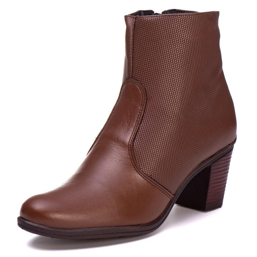 Bota Couro Feminino Cano Curto Estilo Zíper Detalhes Elegante Resistente Salto Grosso Confortável