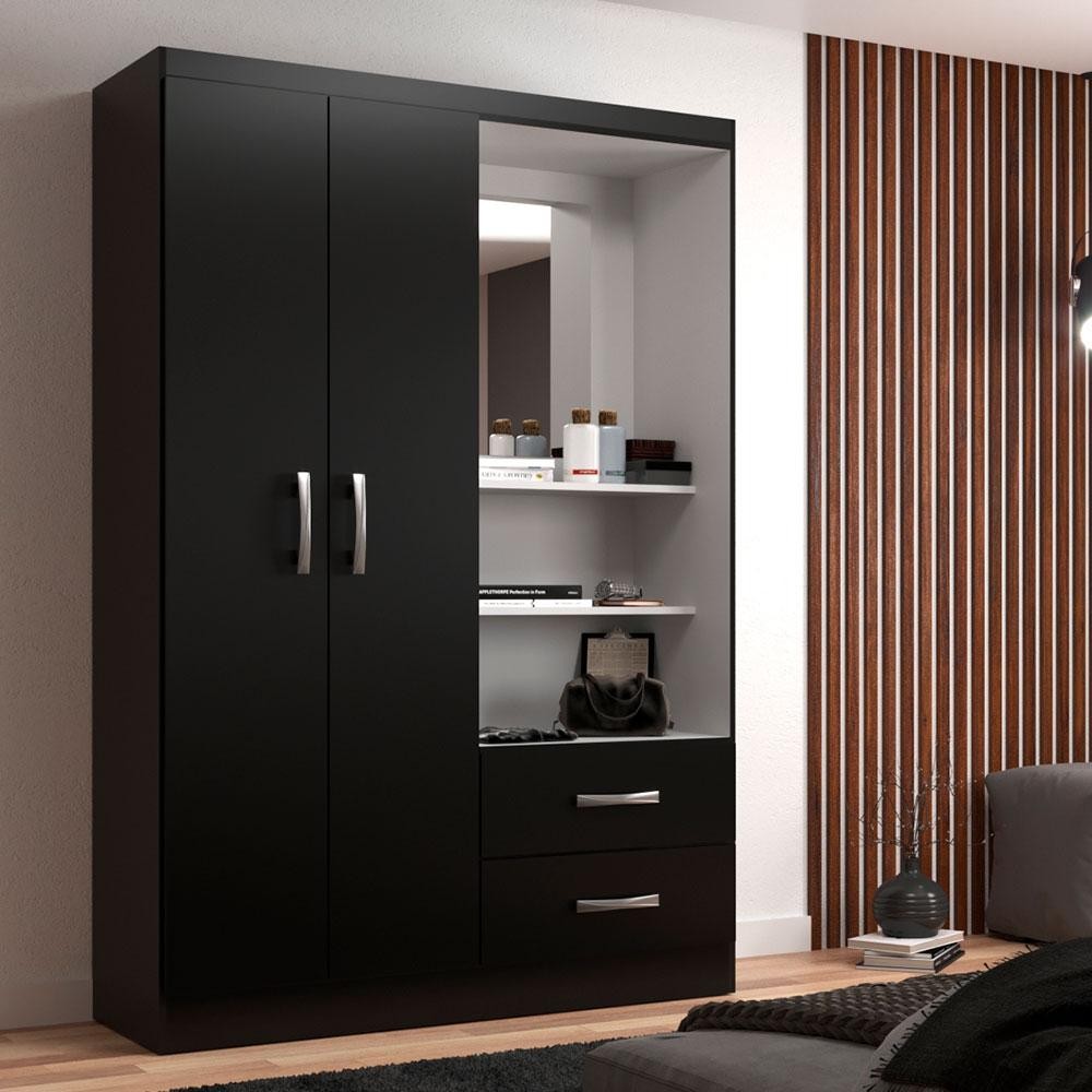 Guarda-Roupa Solteiro com Espelho Capelinha 2 PT 2 GV Preto em Oferta na Shopee