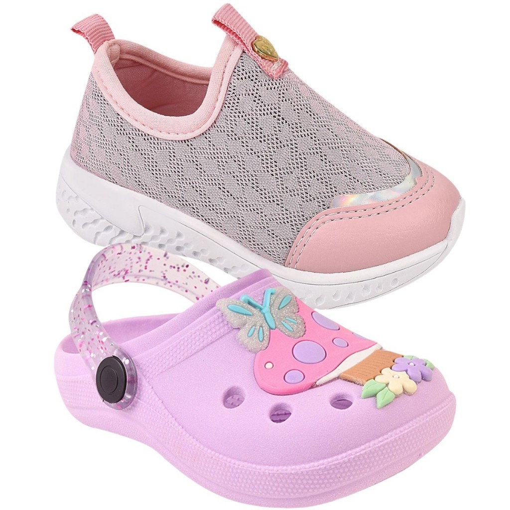 Kit Tênis Infantil Menina Calce Fácil + Sandália Infantil Menina Papete Babuche Fleca