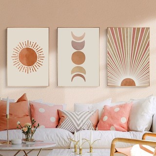 Quadro decorativo 3 peças 40x60 abstrato paisagem sol e lua cena para sala de estar decoração casa quarto