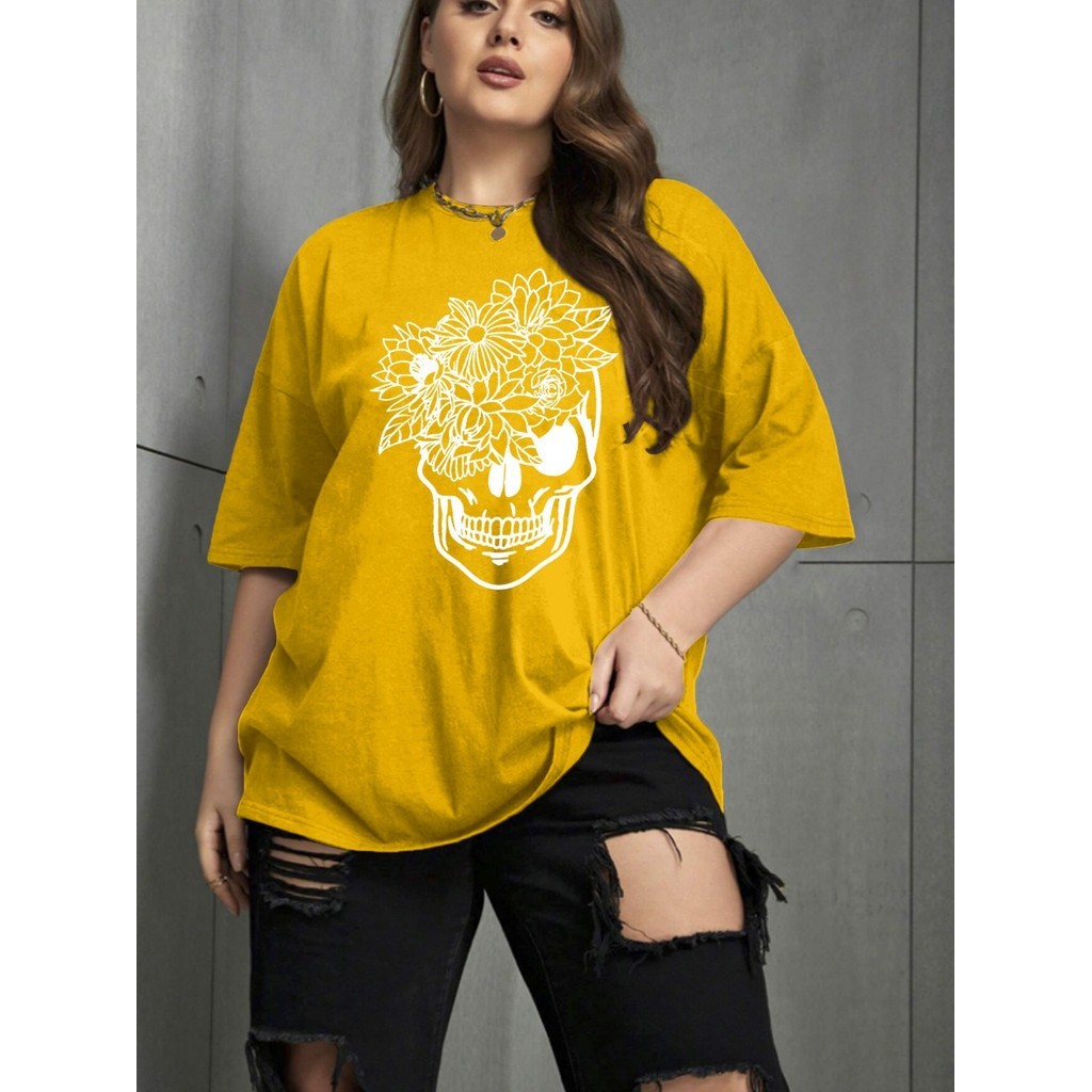 Camiseta Oversized Feminina Soltinha Leve Confortável Estampa Desenho Caveira Flores Buquê Blusa