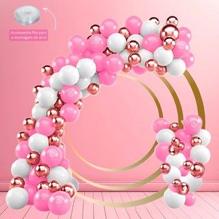 Kit 150 Balões Rosa Claro 7”+ Branco 7”+ Rosa Metalizado 5” - Balão Bexiga Para Festas  (KIT71 +F) (CHOCO)