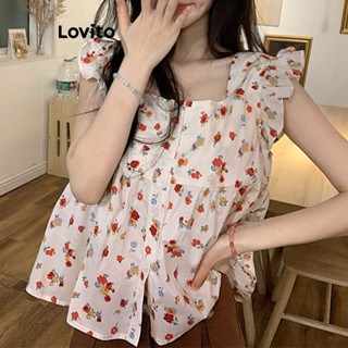 Lovito Regata Feminina Casual Ditsy Com Babados Florais Padrão LNE33261 (Damasco)