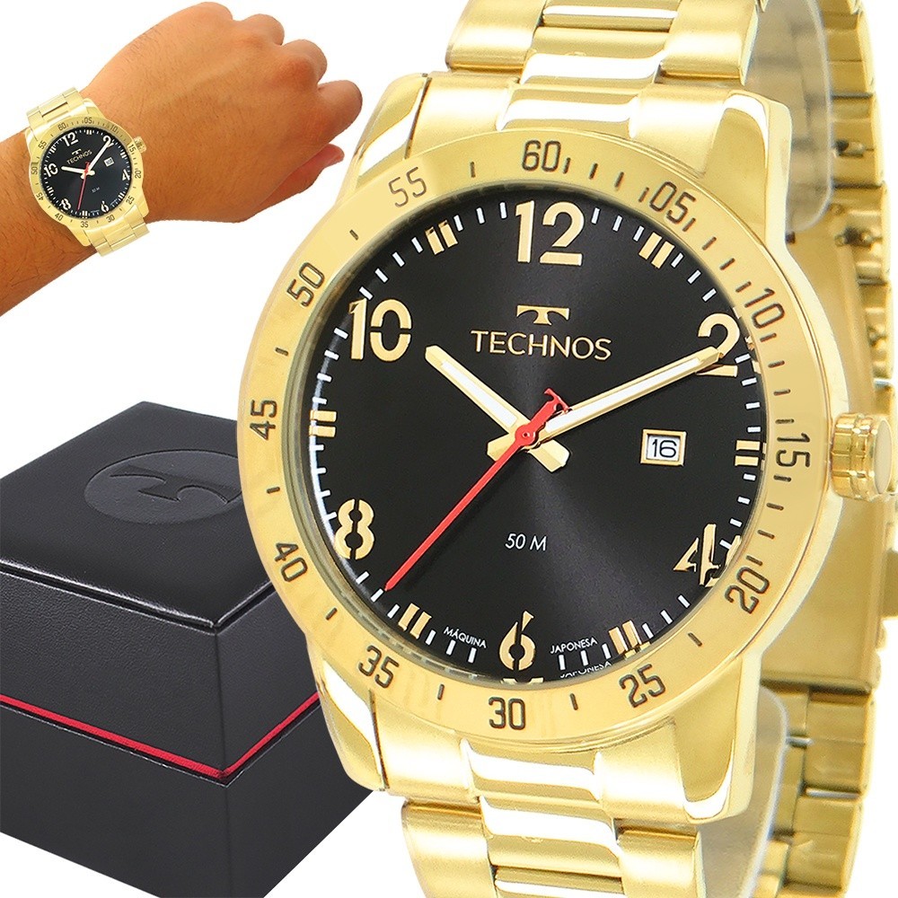 Relógio Masculino Technos Dourado Prova D'água Original em Oferta na Shopee