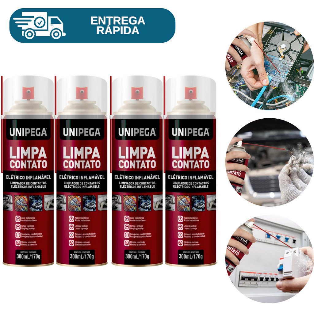 Kit 4 Limpa Contato Eletrico Eletronico Spray 300ml Unipega P/ Pc Pilha Bateria Placa de Circuitos Disjuntor Computador