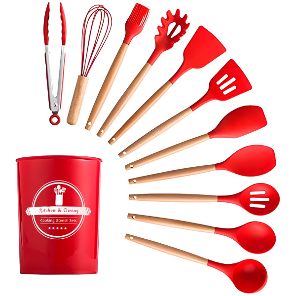 Kit Utensílios Cozinha 12 Peças Silicone Antiaderente - Vermelho