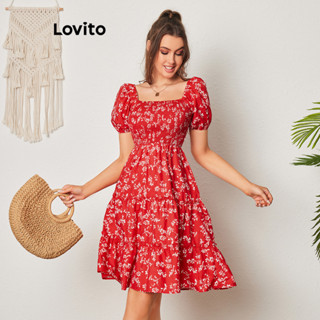 Lovito Elegante Vestido Feminino Floral Bata com Manga Bufante LBL08423