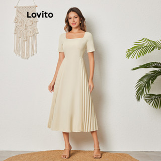 Lovito Casual Vestido Feminino Liso Plissado com Costura no Tecido LBL08405