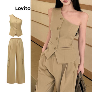 Lovito Casual Conjunto Feminino Liso Assimétrico de Ombro Único com Calça com Botão L70AD144 (Conjunto/Colete/Calça)