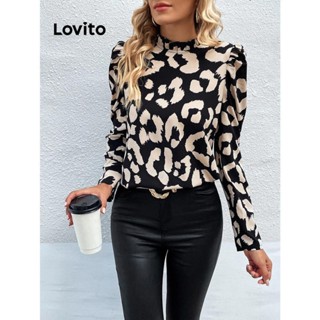 Lovito Blusa Elegante Com Babados De Leopardo E Mangas Bufantes Para Mulheres LSL01025