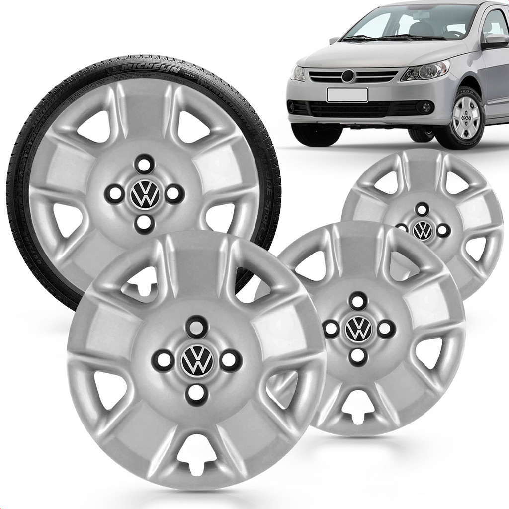 Kit 4 Calotas Gol Saveiro Voyage G5 2008 A 2012 Aro 14 Prata Cubo Alto Grid + Adesivo Resinado 48Mm Vw Preto (4 Pc)