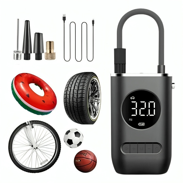Mini Compressor de Ar Portátil Preto Calibrador Pneu Carro Bicicleta Bola Boia Digital Recarregável