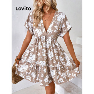 Lovito Elegante Vestido Feminino Floral com Bainha de Babados LBL08417