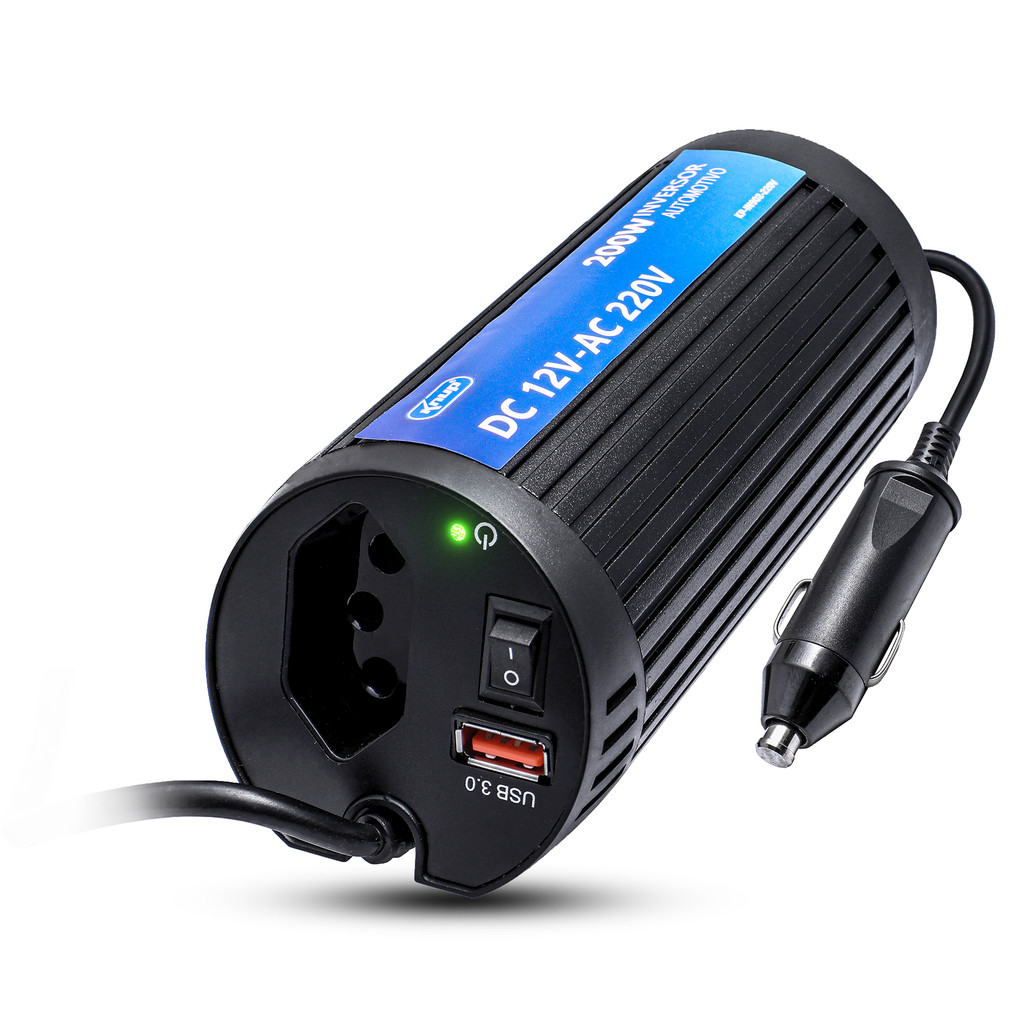 Inversor de Tensão Automotivo 200W DC 12V-AC 220V Com USB QC3.0 Carregamento Rápido