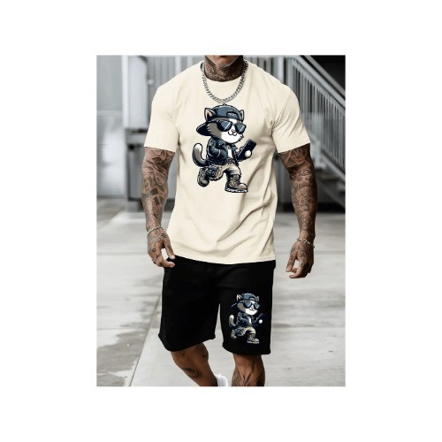 Conjunto Camiseta Gato Estiloso (FRENTE) Masculina  Camisa  + Bermuda Moletom Gato  Academia Esporte Fitness