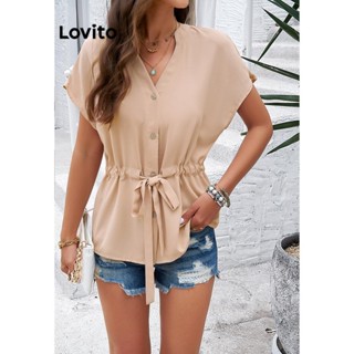 Lovito Blusa Casual Feminina Com Botão Liso E Renda LNL42064