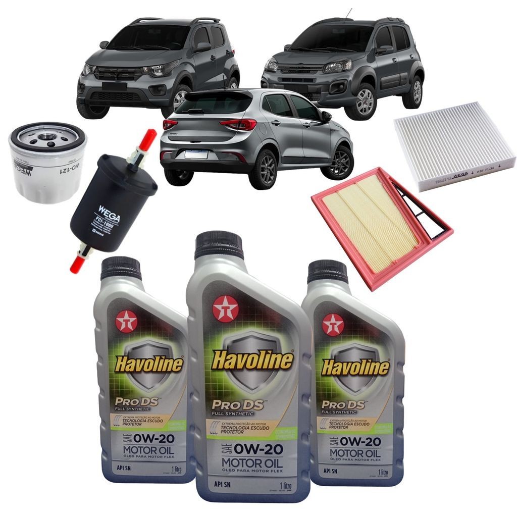 Kit Revisão 3 Litros de Óleo Texaco Havoline 0W20 Sintético + Filtros Argo Cronos Mobi Uno Motores 1.0 / 1.3 Firefly 3 Cilindros em Oferta na Shopee