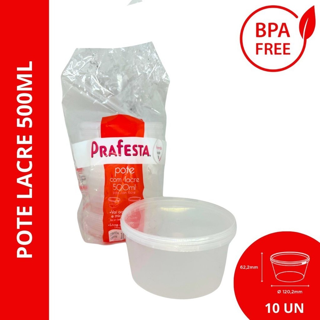 Pote Prafesta redondo com lacre 500ml pacote com 10 unidades