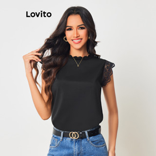 Lovito Blusa Feminina Casual De Renda Com Gola Lisa E Babados LBL08026