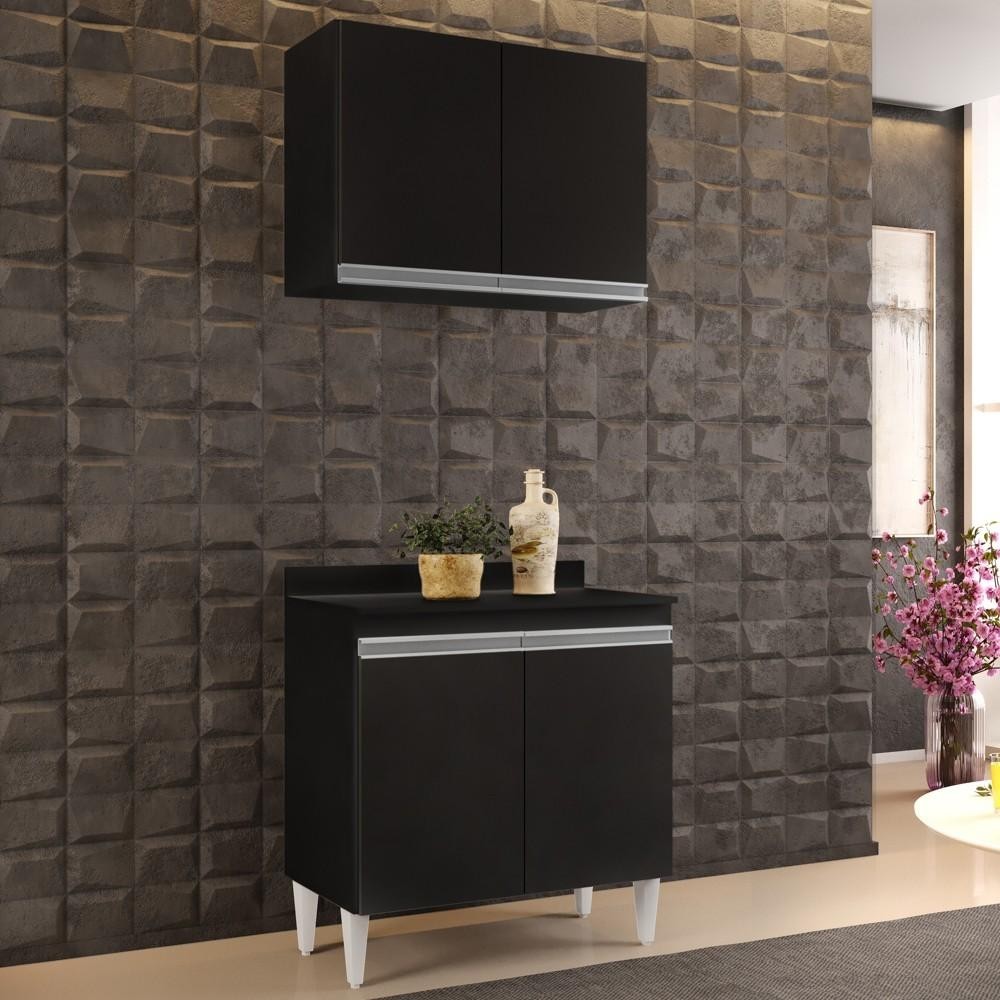 Armário Aéreo Califórnia e Balcão Hawai com Tampo 80cm Preto - Lumil - Home & Living
