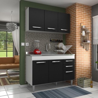 Armário Aéreo Honduras e Balcão Gabinete Suécia com Pia Inox 120cm Branco/Preto - Lumil Móveis em Oferta na Shopee