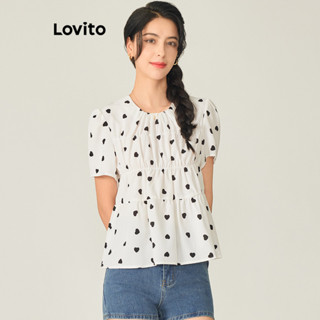 Lovito Casual Blusa Feminina Franzida com Coração L71ED021 (Off White)