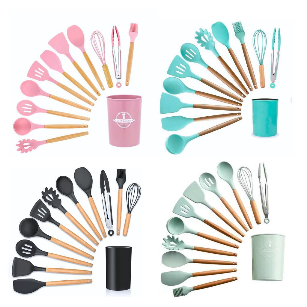 Kit 12 Utensílios De Cozinha Em Silicone E Cabo De Madeira Jogo De Utensílios Resistente ao Calor Antiaderente Premium GAXMARK