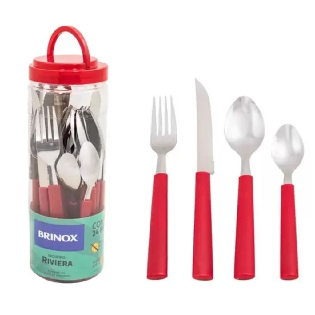 Faqueiro 24 Peças em Aço Inox Riviera Vermelho com Pote de Plástico Brinox - 6025/752 em Oferta na Shopee