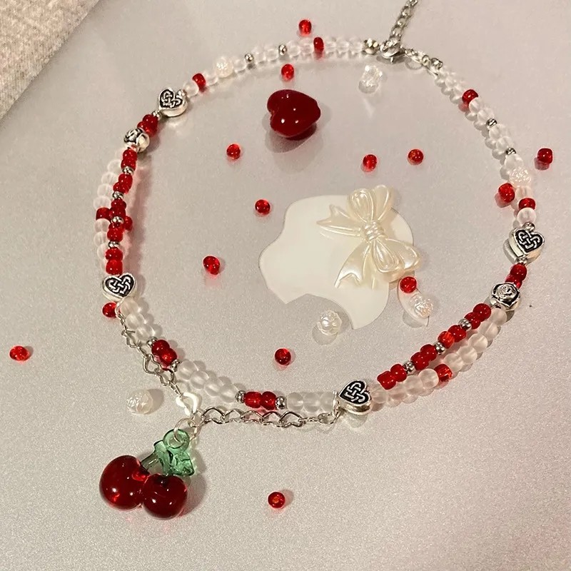 Y2K Novos Colares De Gargantilha Com Contas De Coração Para Mulheres Vintage Irregular Boho Beads De Cerejeira Vermelha