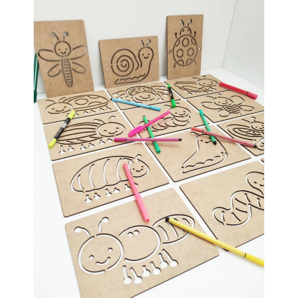 Kit 15 Moldes Infantil Insetos em MDF 3mm Cru com Caixa Canetinha para Desenhos Crianças em Oferta na Shopee