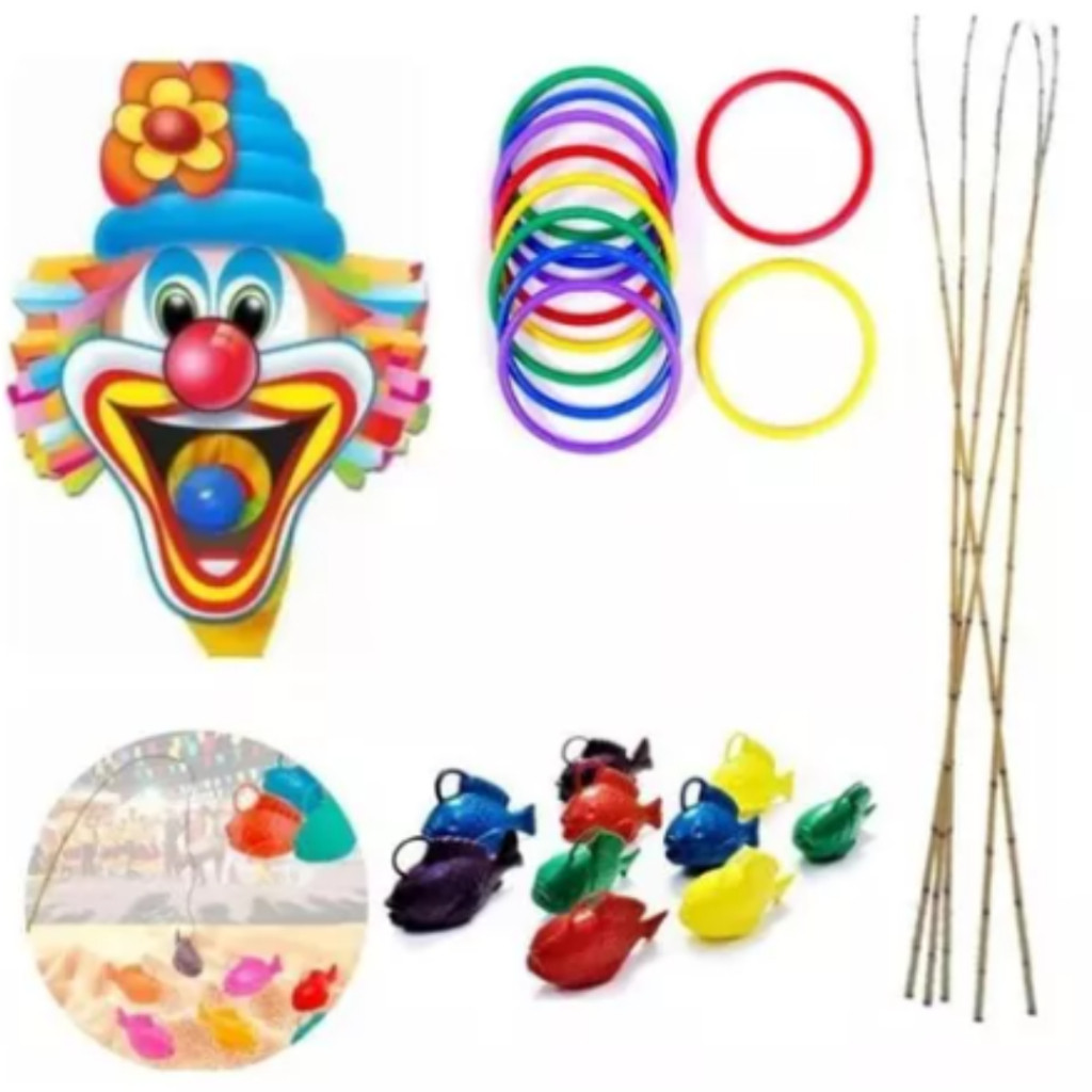 Kit Festa Junina 5 Argolas + 5 Peixes + 2 Varas 63cm + 1 Boca Do Palhaço Argolas E Pescaria Arraia Quermesse Barracas