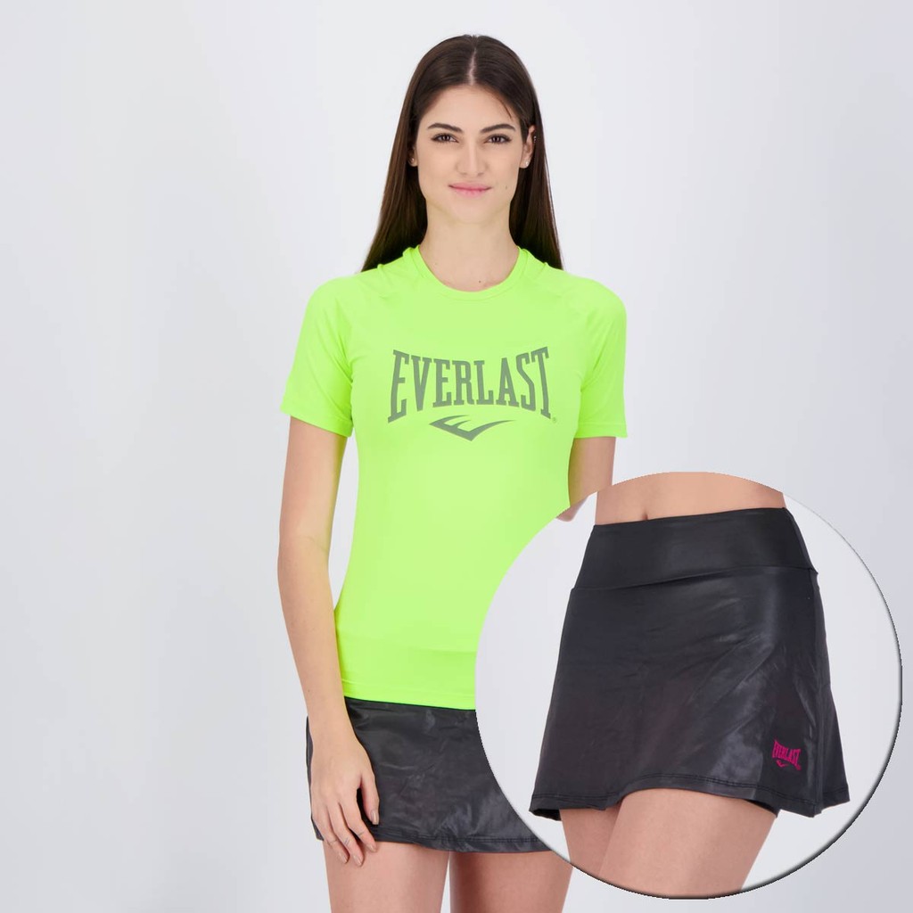 Conjunto Shorts Saia e Camisa Everlast Basic II Feminino Preto e Verde - Sports & Outdoors