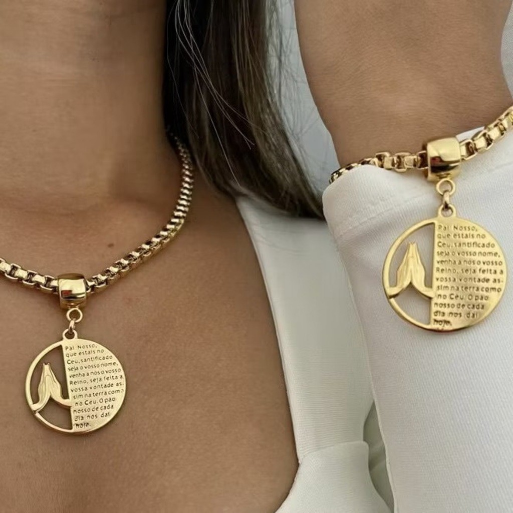 Conjunto Pai nosso Feminino Colar + Pulseira Veneziana Grossa em Oferta na Shopee