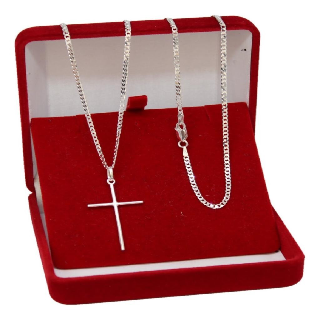 Corrente Prata 925 Grumet Escama Fina Pingente Crucifixo 2mm