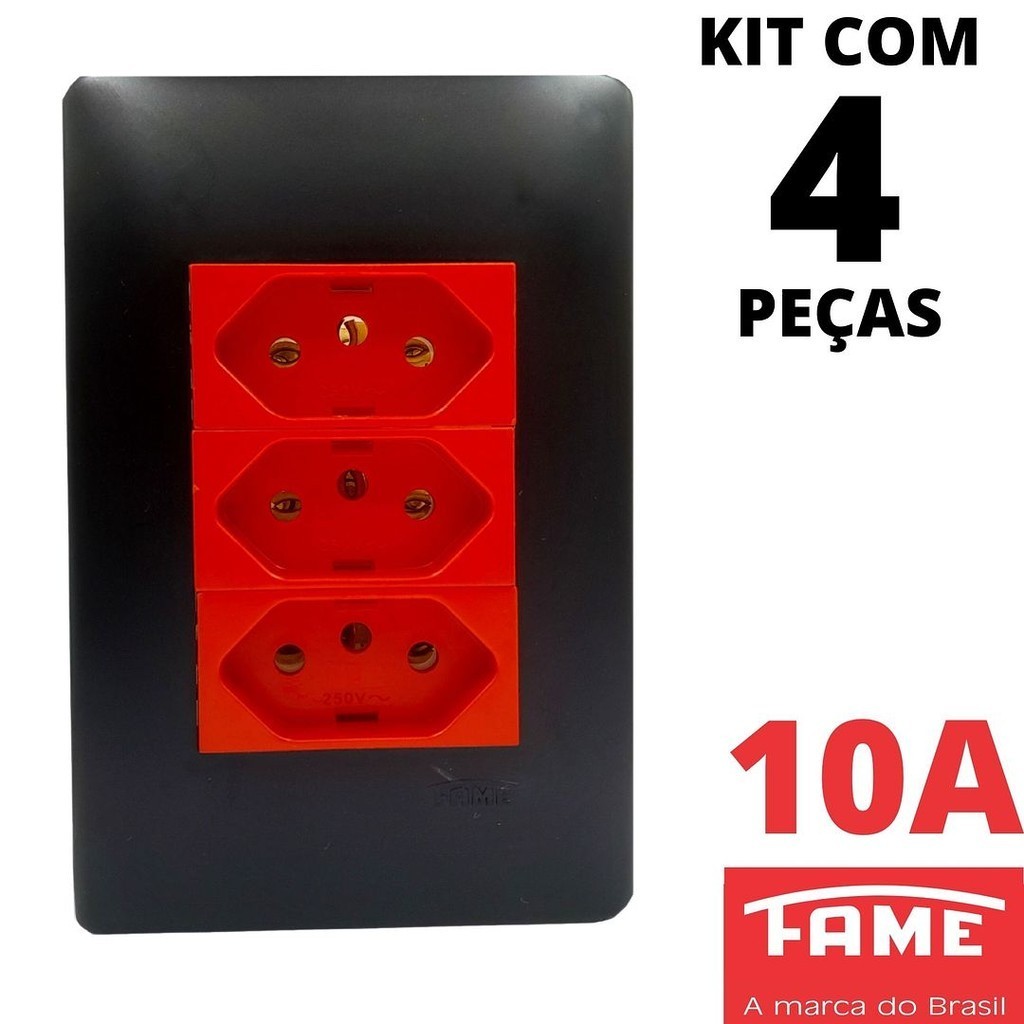 4un Tomada Padrão Tripla 2P+T 10A Vermelha Com Placa Habitat Black Preto FAME