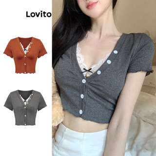 Lovito Camiseta Feminina Casual Com Botões De Renda Lisa E Pérolas L79AD021
